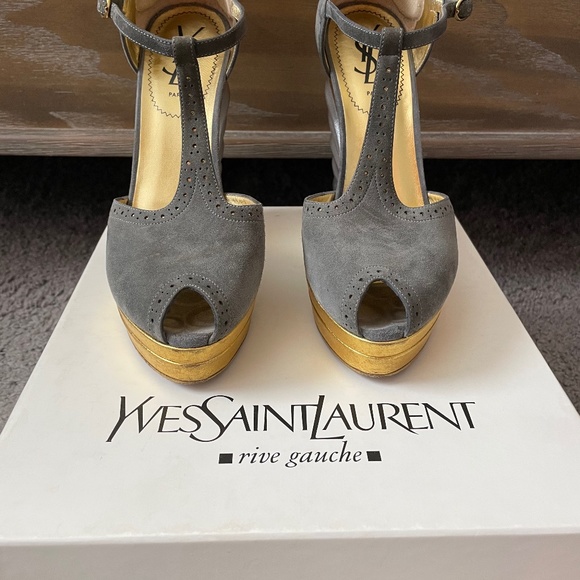 Yves Saint Laurent Shoes - VINTAGE YSL Size 7.5 Grey suede gold/silver wedge with T/strap